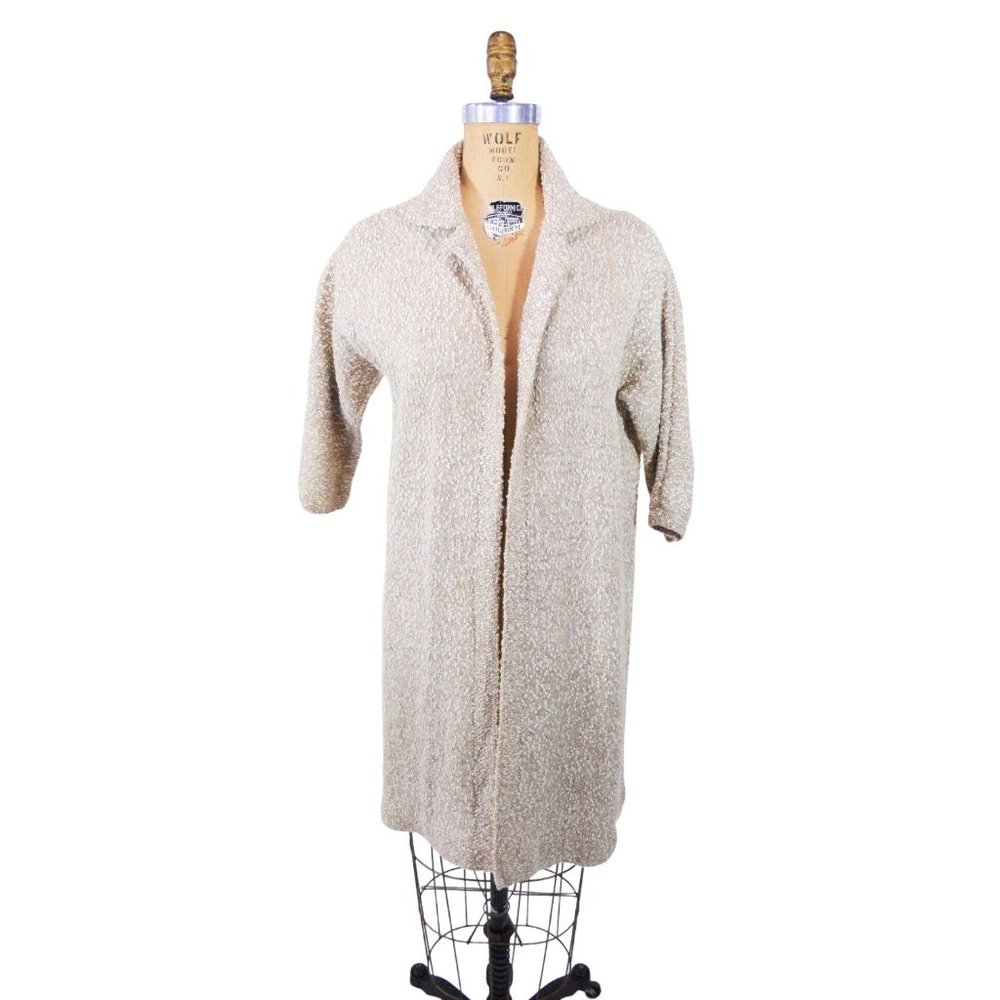 Vintage 1980s Beige Sweater Coat Speckled Open Knit Fall